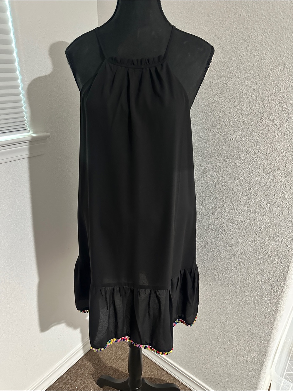 Black Halter Ruffle-Hem Casual Dress with Colorful Trim